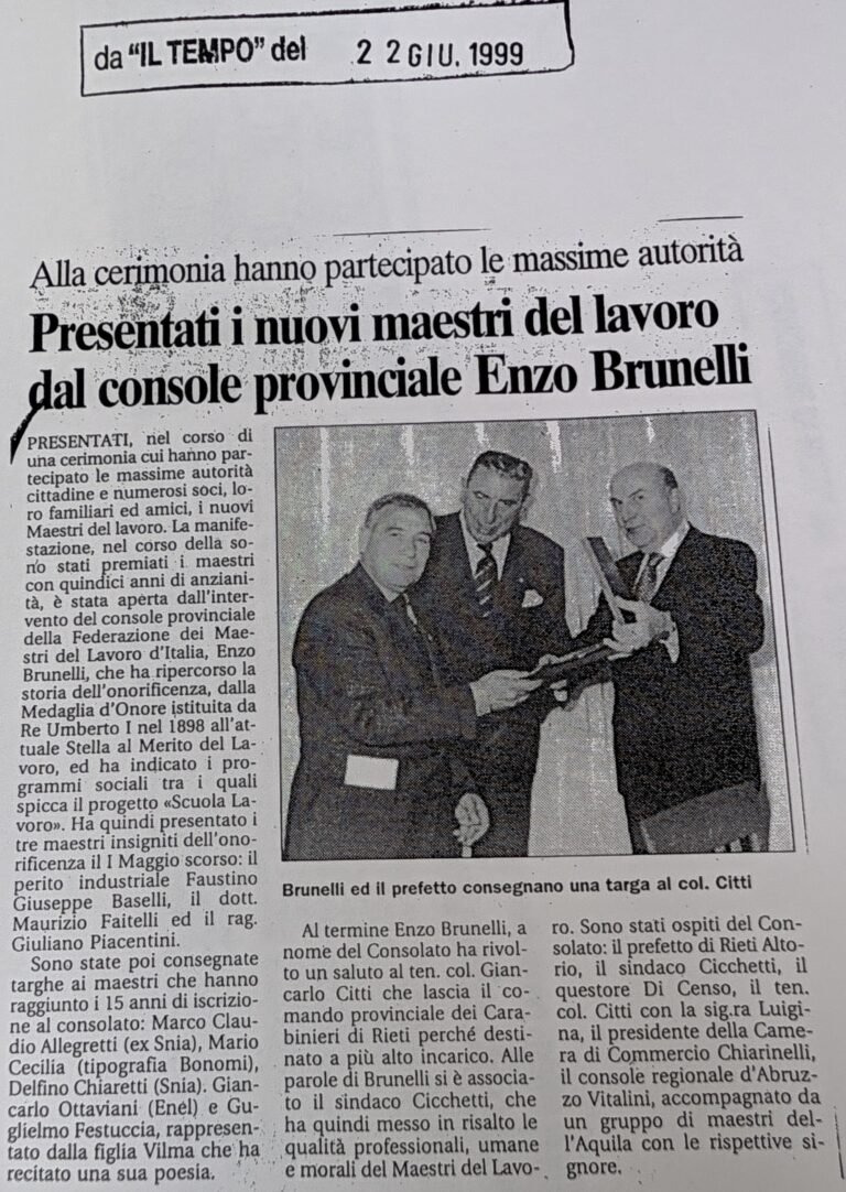 Scopri di più sull'articolo Presentati i nuovi maestri del lavoro dal console provinciale Enzo Brunelli (Il Tempo)