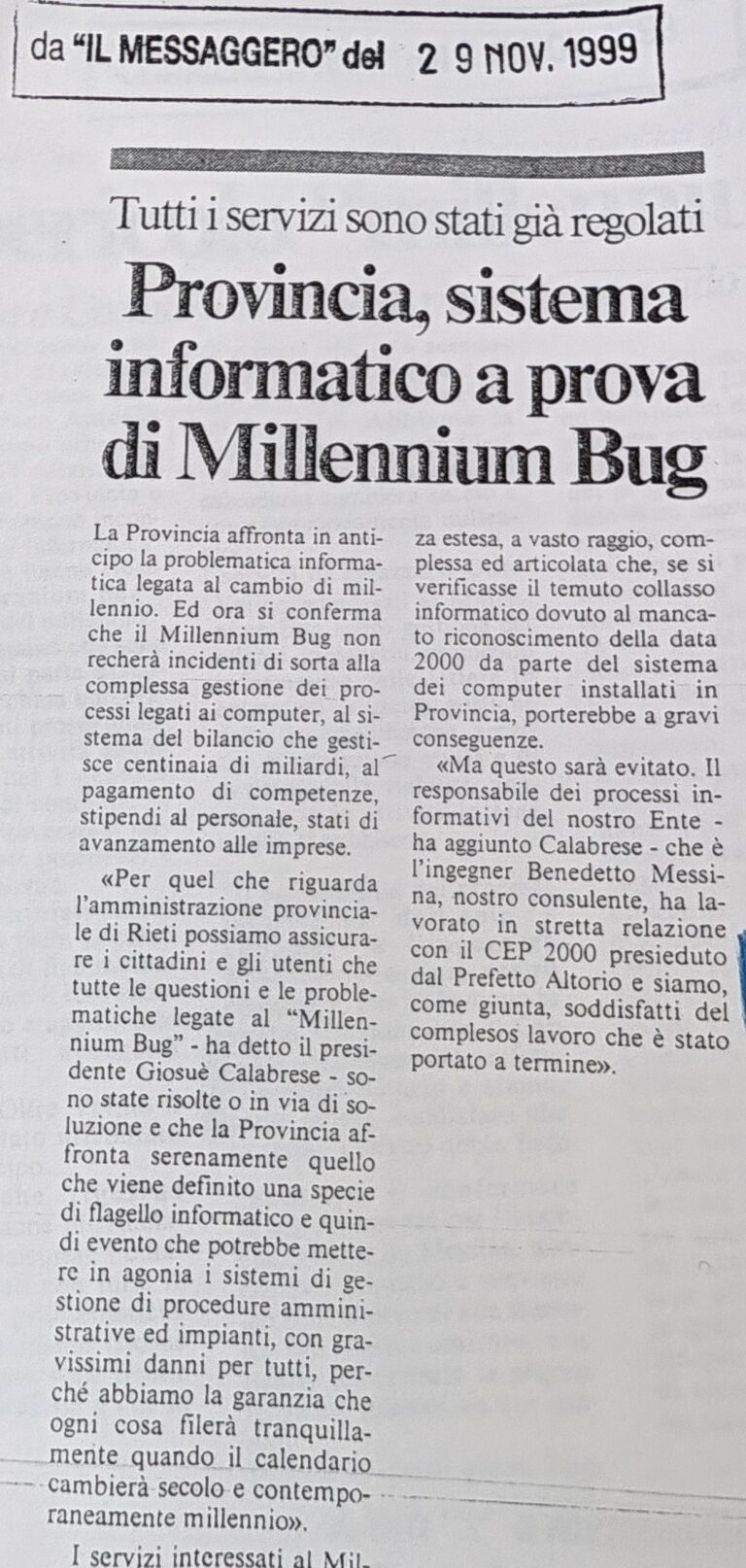 Scopri di più sull'articolo Provincia, sistema informatico a prova di Millennium Bug (Il Messaggero)