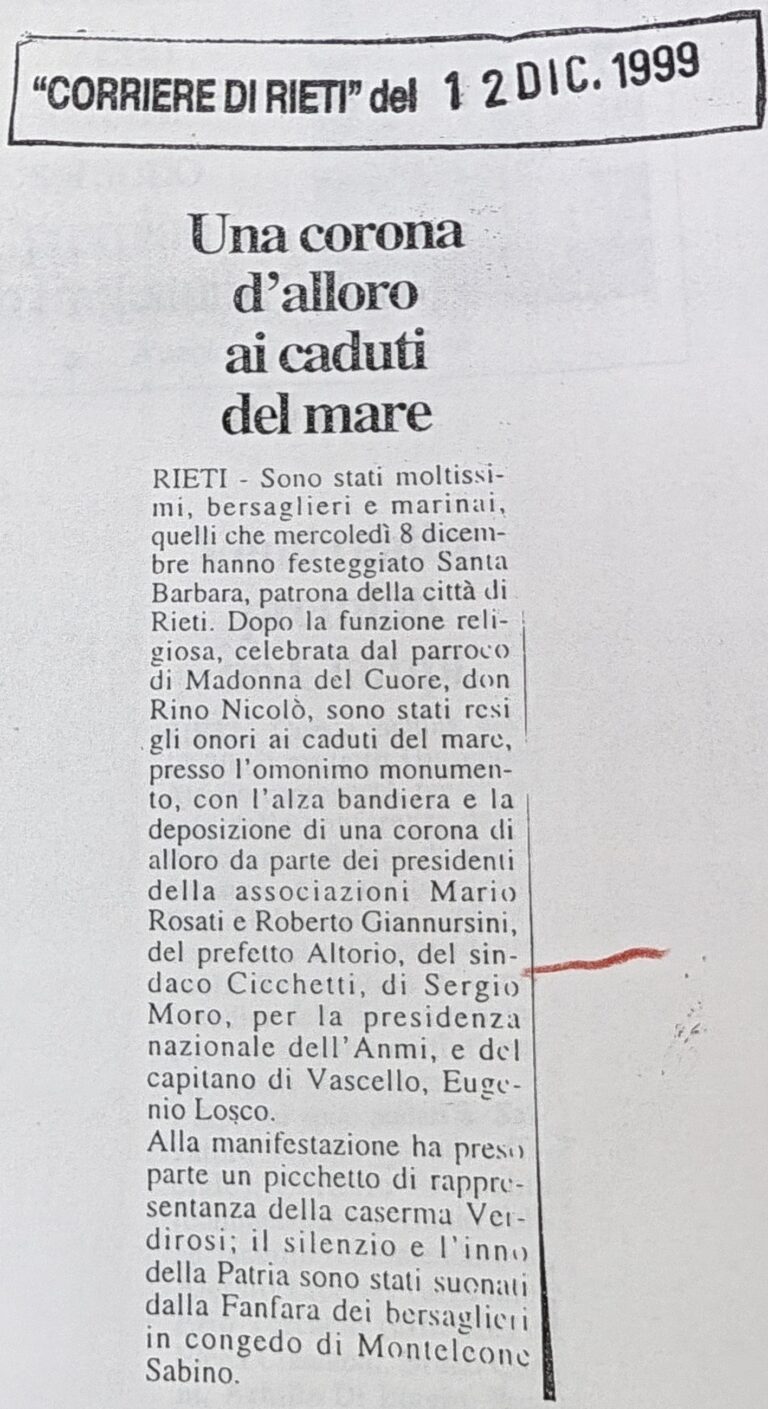 Scopri di più sull'articolo Una corona d’alloro ai caduti del mare (Corriere di Rieti)