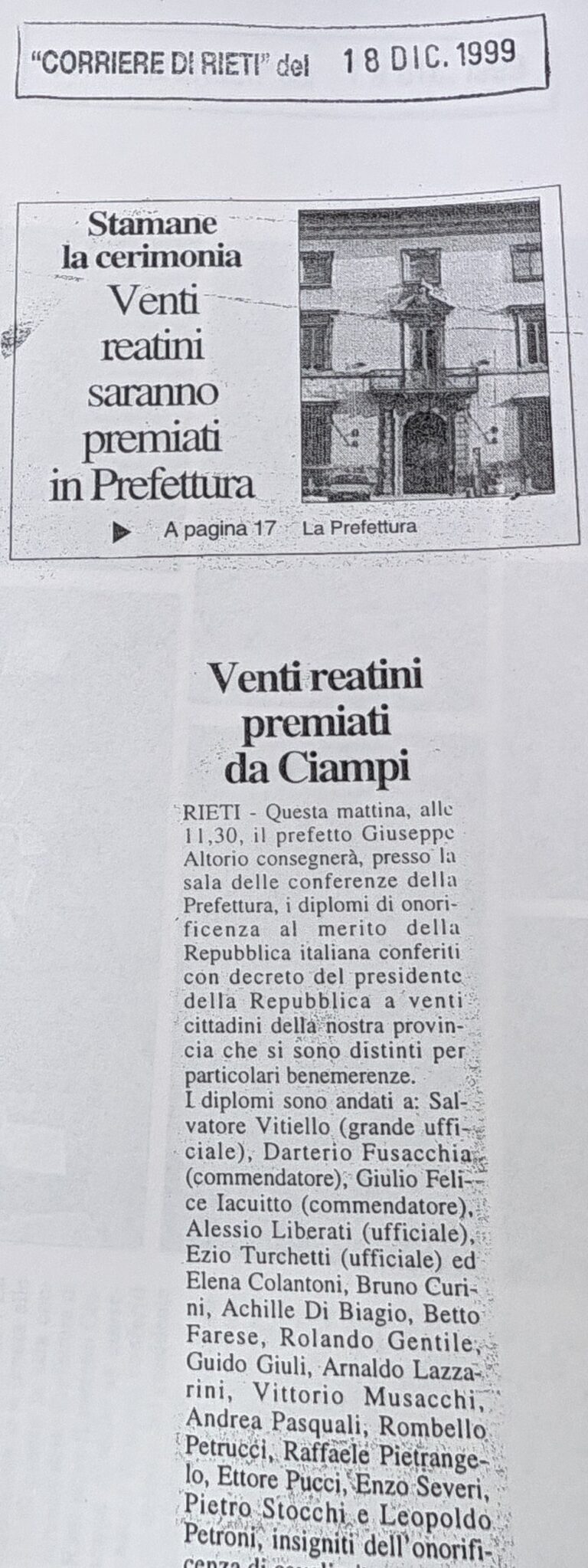 Scopri di più sull'articolo Venti reatini premiati da Ciampi (Corriere di Rieti)