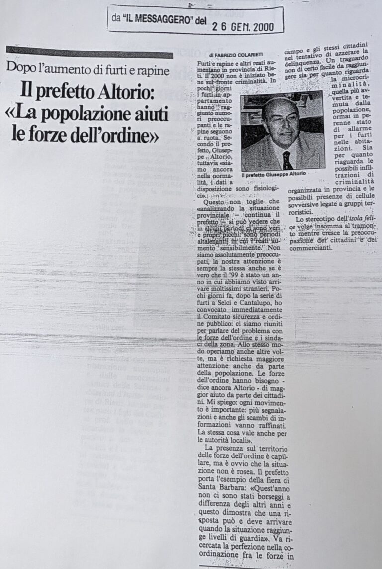 Scopri di più sull'articolo Il prefetto Altorio: «La popolazione aiuti le forze dell’ordine» (Il Messaggero)