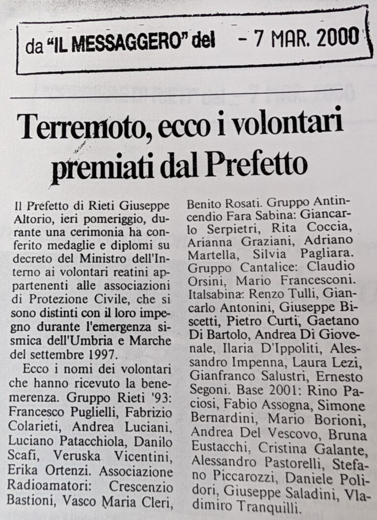 Scopri di più sull'articolo Terremoto, ecco i volontari premiati dal Prefetto (Il Messaggero)