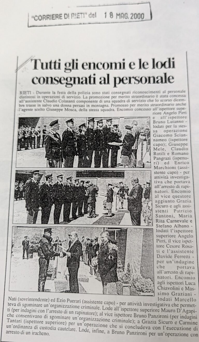 Scopri di più sull'articolo Tutti gli encomi e le lodi consegnati al personale (Corriere di Rieti)