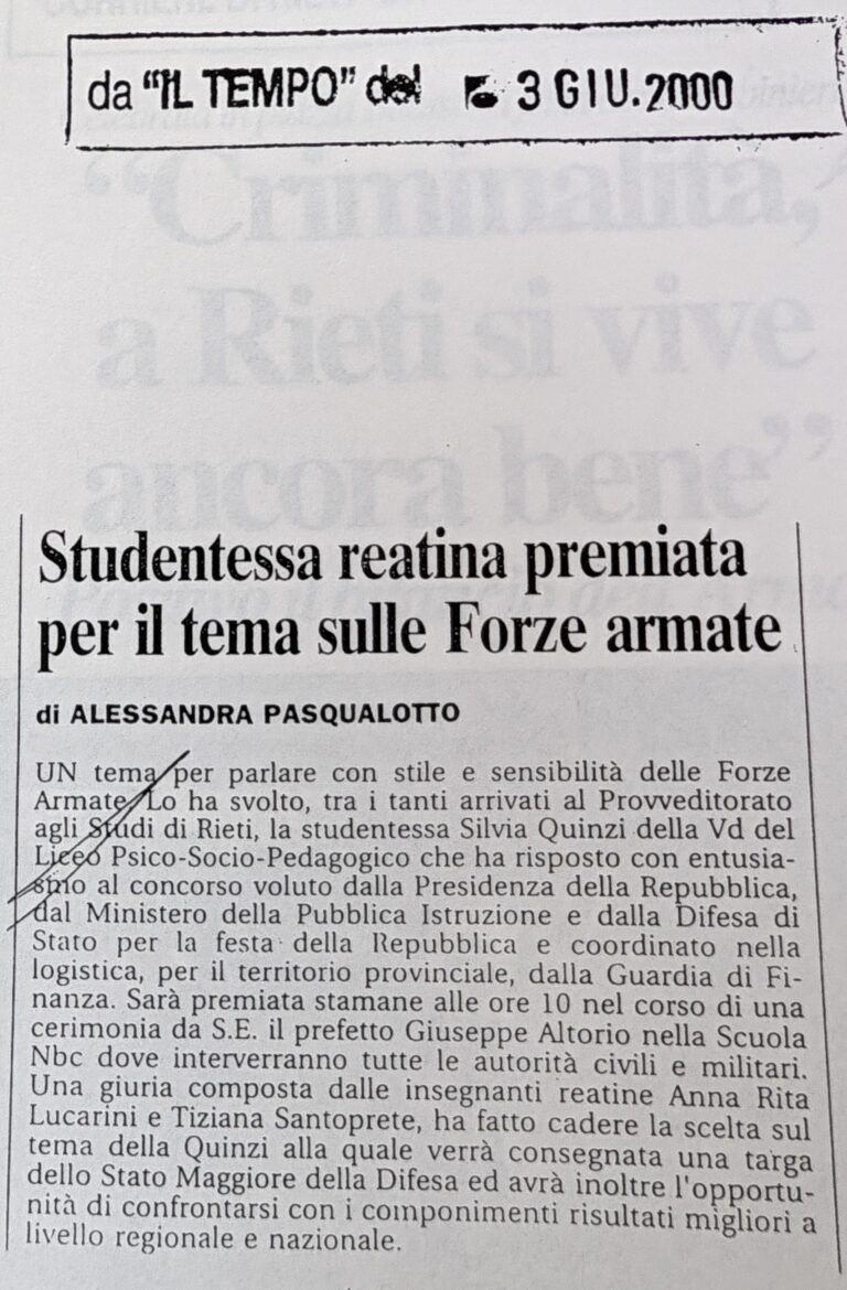 Scopri di più sull'articolo Studentessa reatina premiata per il tema sulle Forze armate (Il Tempo)