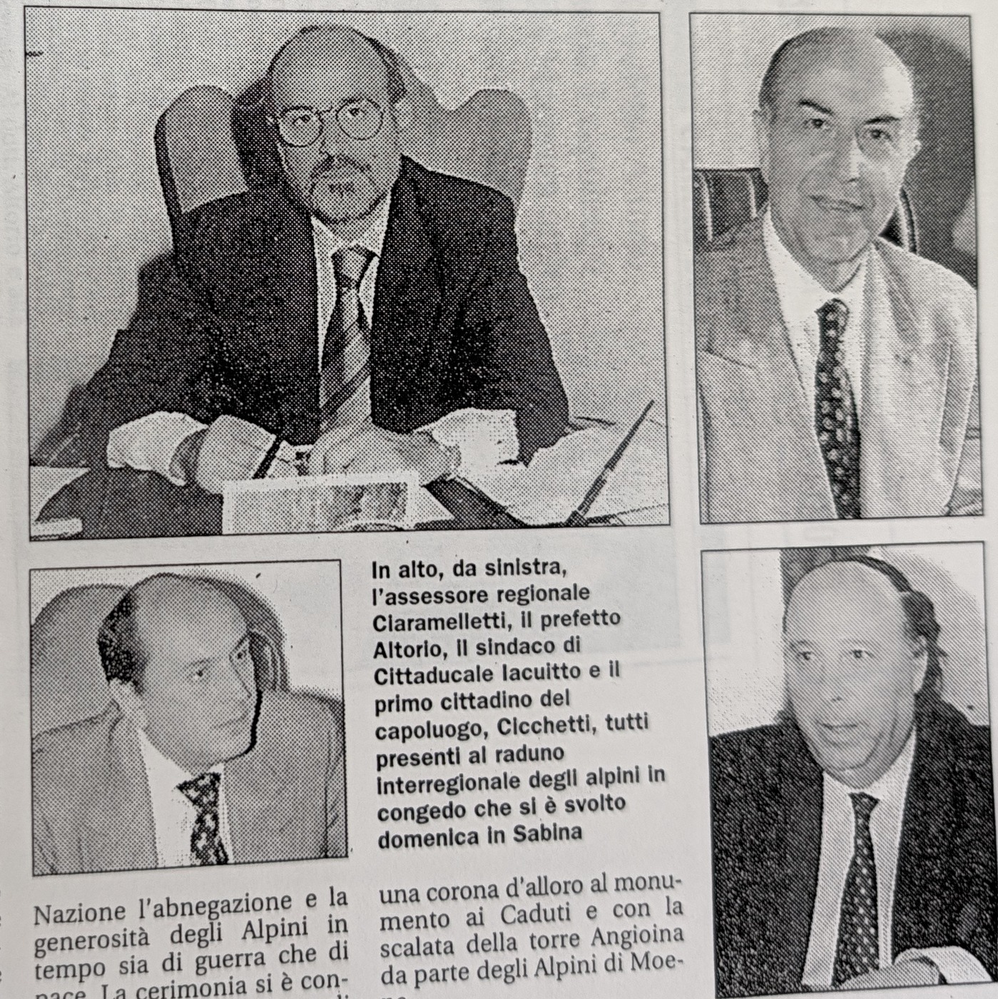 In alto, da sinistra, l'assessore regionale Ciaramelletti, il prefetto Altorio, il sindaco di Cittaducale Iacuitto e il primo cittadino del capoluogo, Cicchetti, tutti presenti al raduno interregionale degli alpini in congedo che si è svolto domenica in Sabina