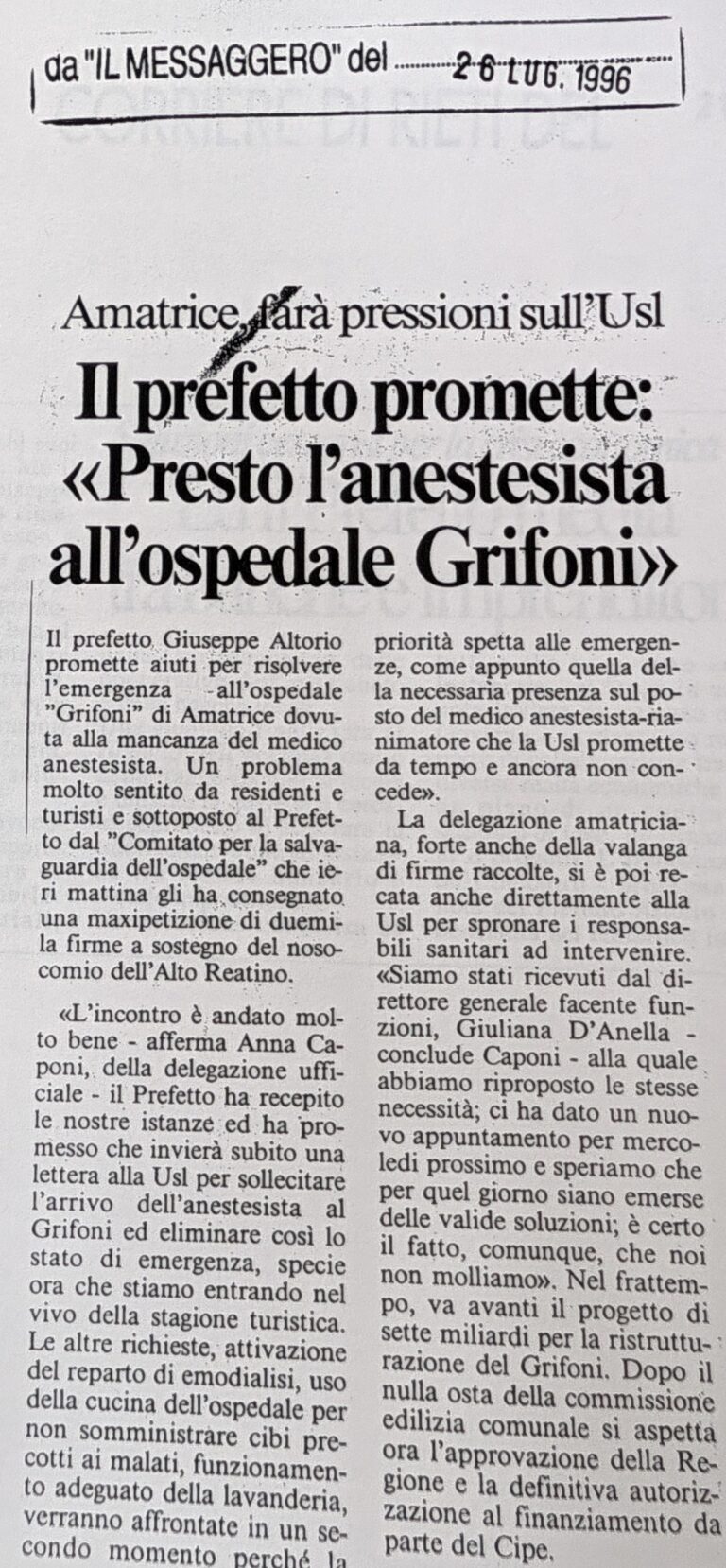 Scopri di più sull'articolo Il prefetto promette: «Presto l’anestesista all’ospedale Grifoni» (Il Messaggero)