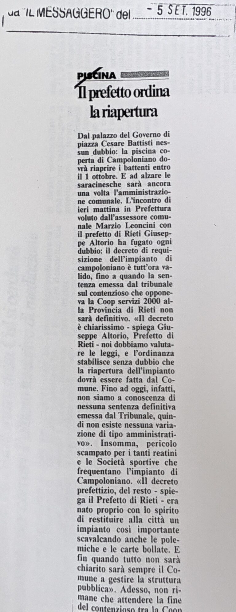 Scopri di più sull'articolo Il prefetto ordina la riapertura (Il Messaggero)