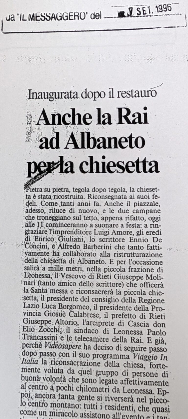 Scopri di più sull'articolo Anche la Rai ad Albaneto per la chiesetta (Il Messaggero)