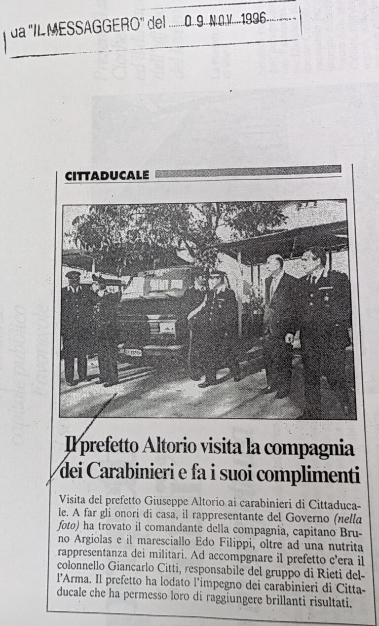 Scopri di più sull'articolo Il prefetto Altorio visita la compagnia dei Carabinieri e fa i suoi complimenti (Il Messaggero)
