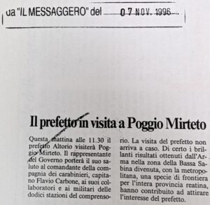 Scopri di più sull'articolo Il prefetto in visita a Poggio Mirteto (Il Messaggero)