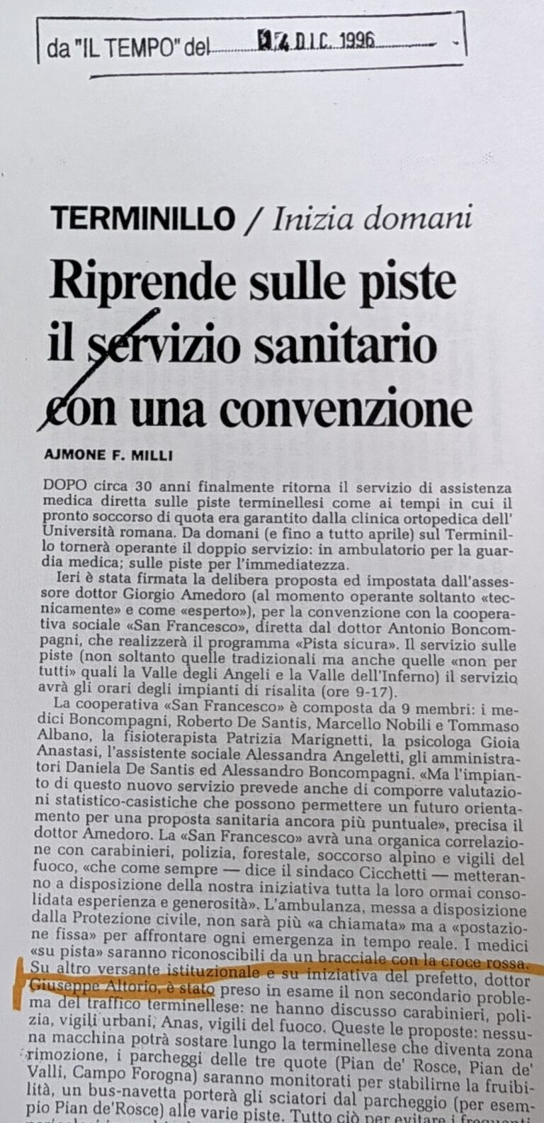 Scopri di più sull'articolo Riprende sulle piste il servizio sanitario con una convenzione (Il Tempo)