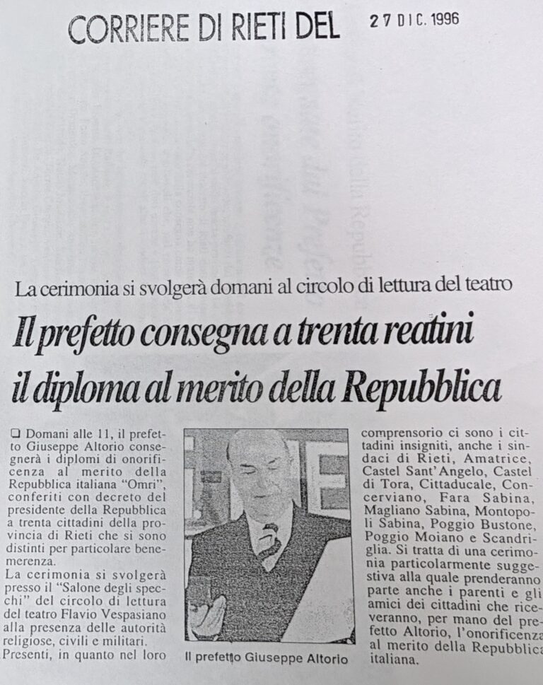 Scopri di più sull'articolo Il prefetto consegna a trenta reatini il diploma al merito della Repubblica (Corriere di Rieti)