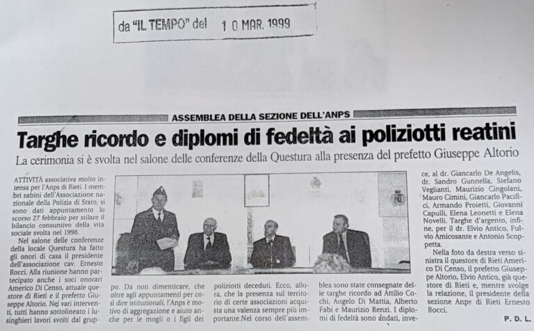 Scopri di più sull'articolo Targhe ricordo e diplomi di fedeltà ai poliziotti reatini (Il Tempo)