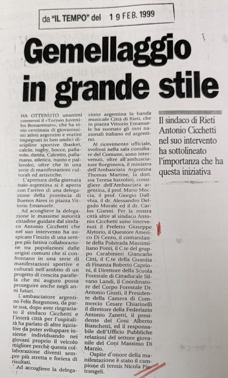 Scopri di più sull'articolo Gemellaggio in grande stile (Il Tempo)