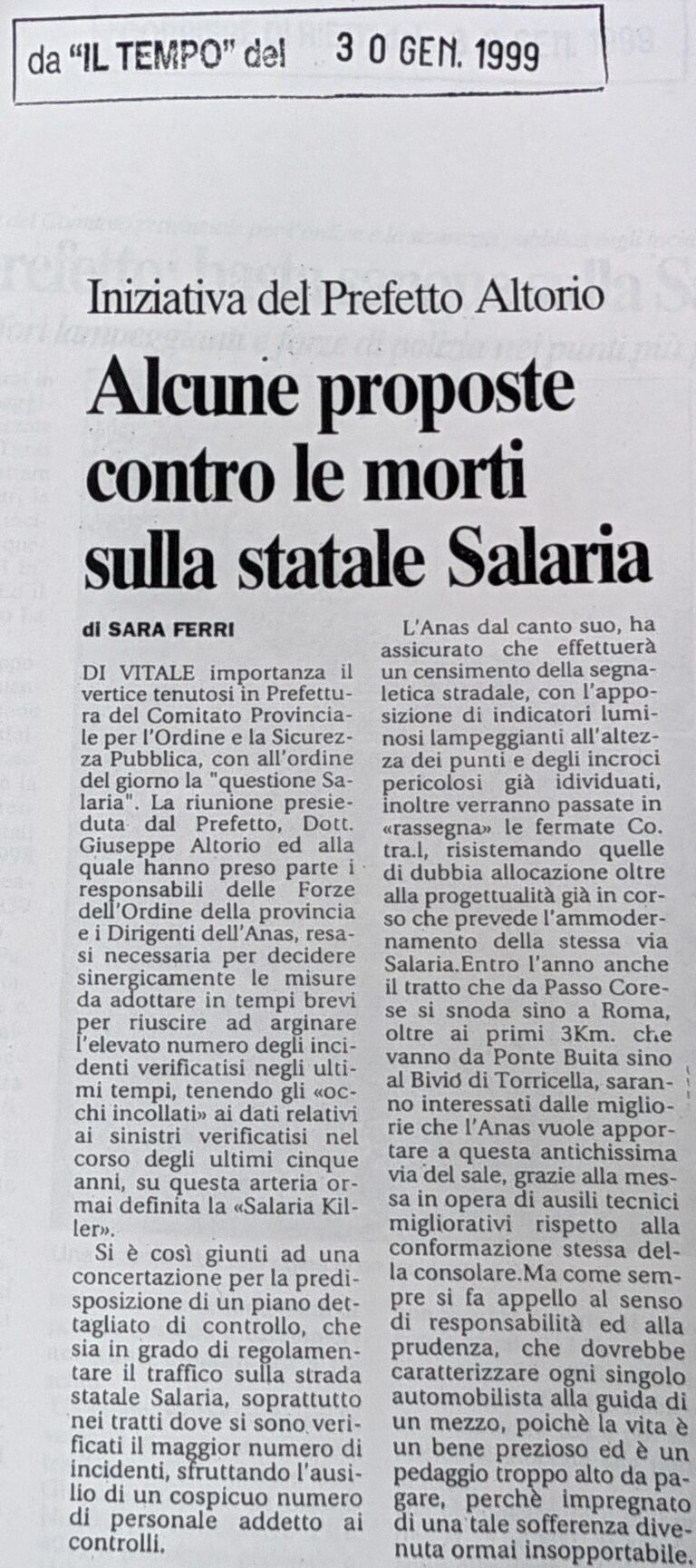 Scopri di più sull'articolo Alcune proposte contro le morti sulla statale Salaria (Il Tempo)
