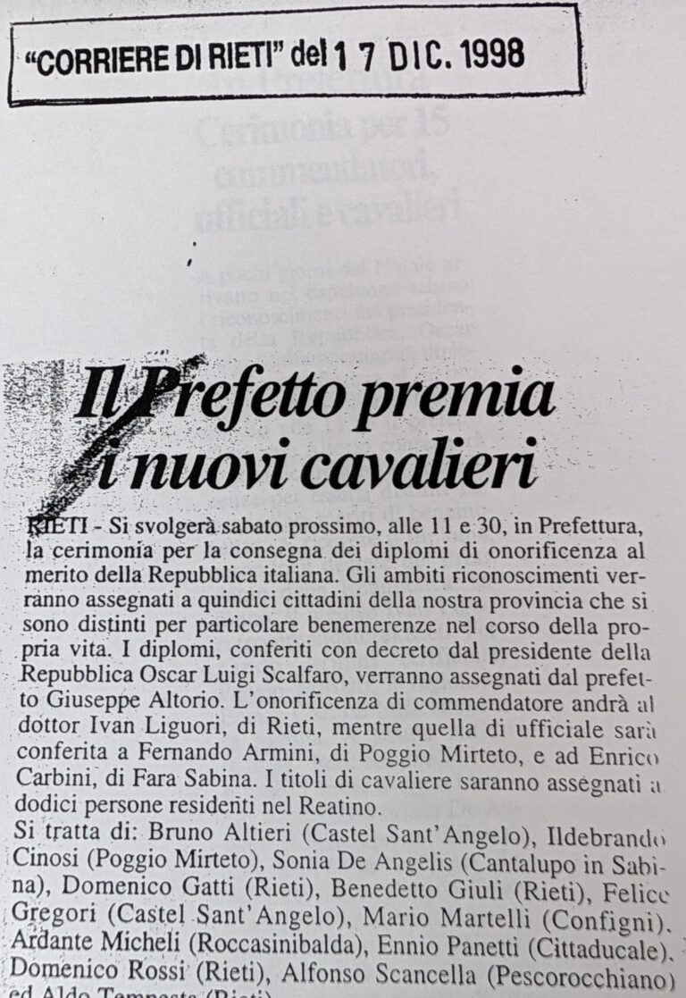 Scopri di più sull'articolo Il Prefetto premia i nuovi cavalieri (Corriere di Rieti)