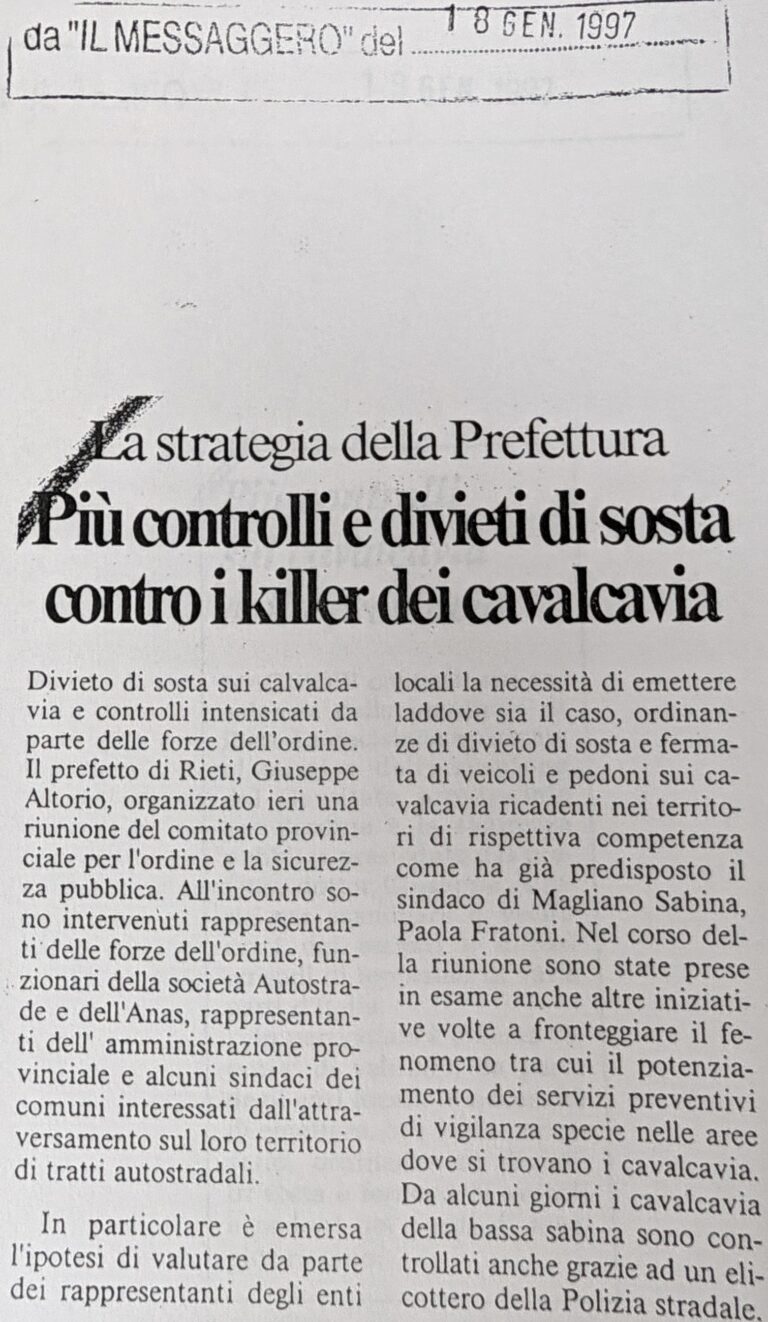 Scopri di più sull'articolo Più controlli e divieti di sosta contro i killer dei cavalcavia (Il Messaggero)