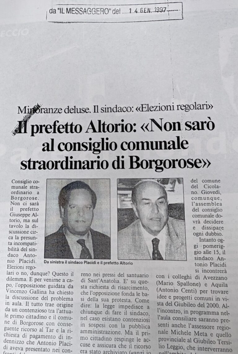 Scopri di più sull'articolo Il prefetto Altorio: «Non sarò al consiglio comunale straordinario di Borgorose» (Il Messaggero)