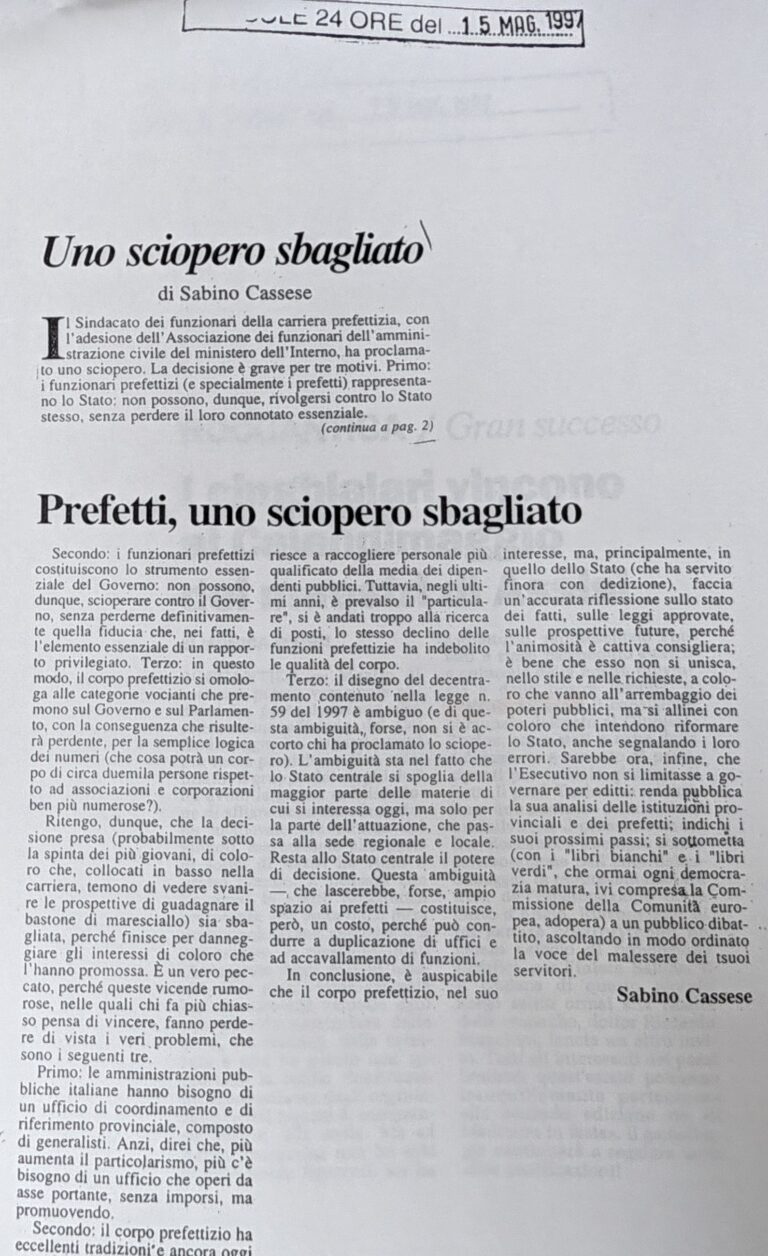 Scopri di più sull'articolo Prefetti, uno sciopero sbagliato (Il Sole 24 Ore)