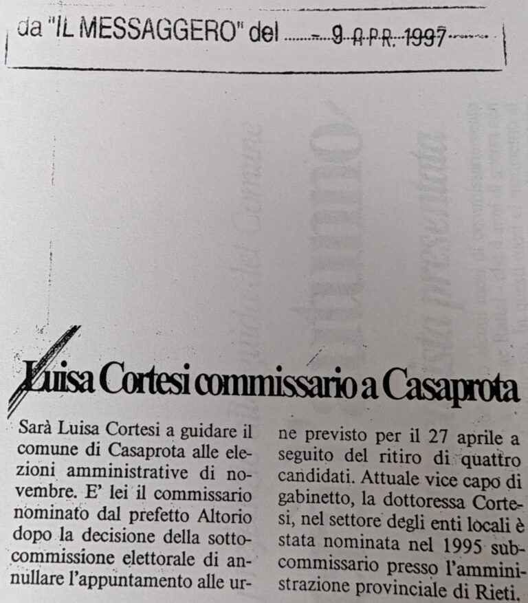 Scopri di più sull'articolo Luisa Cortesi commissario a Casaprota (Il Messaggero)