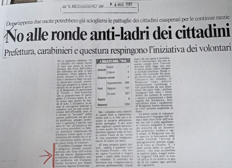 Scopri di più sull'articolo No alle ronde anti-ladri dei cittadini (Il Messaggero)