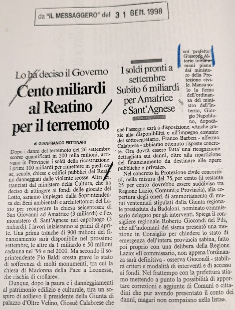 Scopri di più sull'articolo Cento miliardi al Reatino per il terremoto (Il Messaggero)