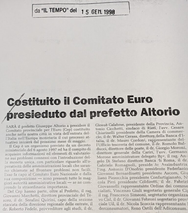 Scopri di più sull'articolo Costituito il Comitato Euro presieduto dal prefetto Altorio (Il Tempo)