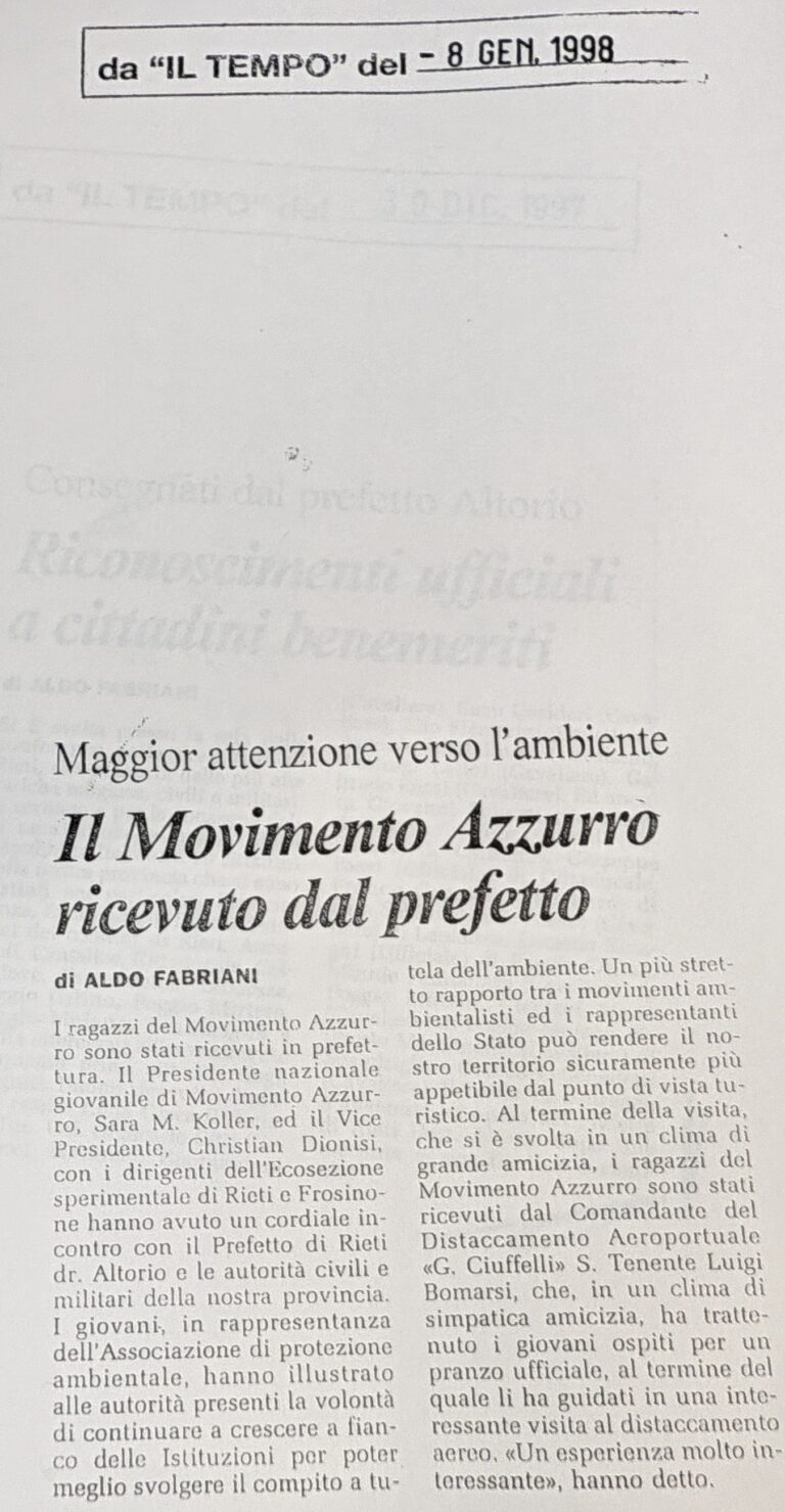 Scopri di più sull'articolo Il Movimento Azzurro ricevuto dal prefetto (Il Tempo)