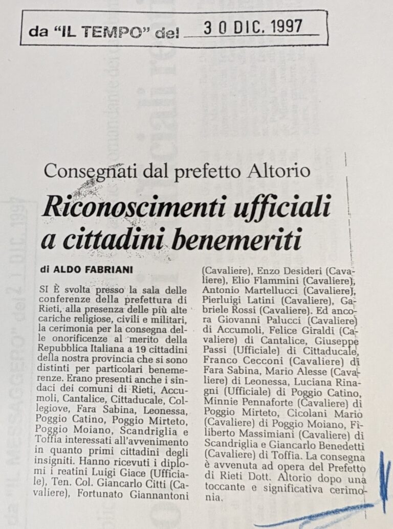 Scopri di più sull'articolo Riconoscimenti ufficiali a cittadini benemeriti (Il Tempo)