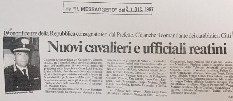 Scopri di più sull'articolo Nuovi cavalieri e ufficiali reatini (Il Messaggero)