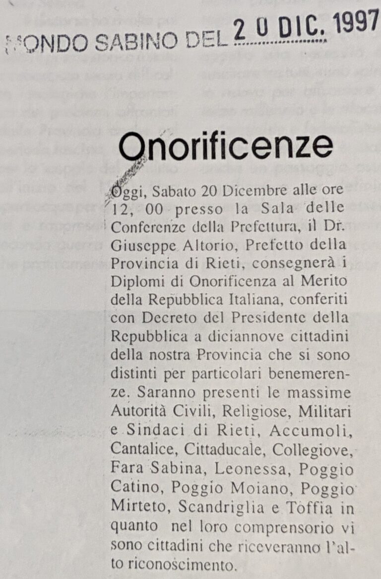 Scopri di più sull'articolo Onorificenze (Mondo Sabino)
