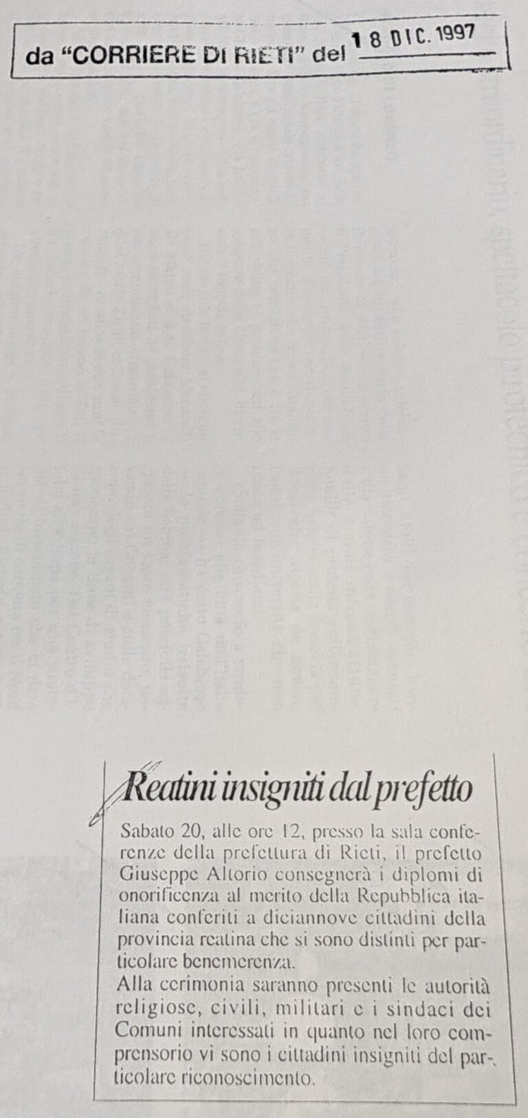 Scopri di più sull'articolo Reatini insigniti dal prefetto (Corriere di Rieti)