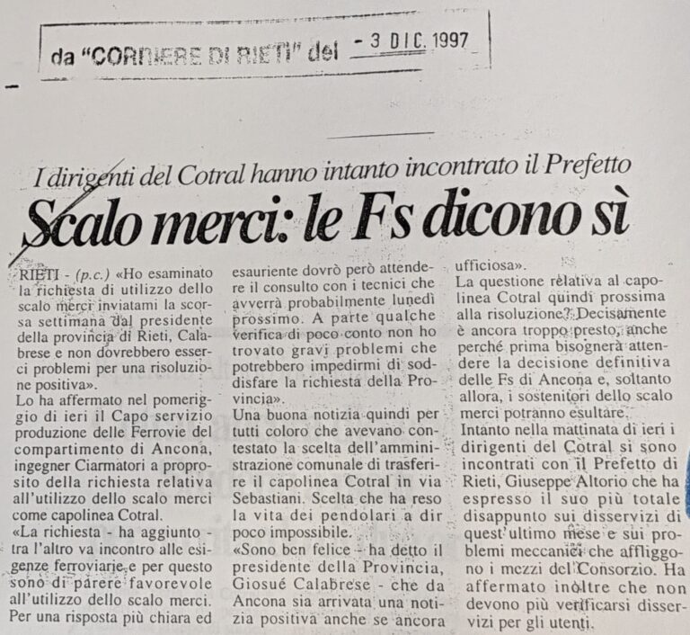 Scopri di più sull'articolo Scalo merci: le Fs dicono sì (Corriere di Rieti)