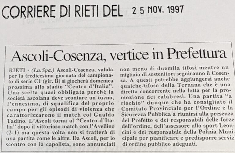 Scopri di più sull'articolo Ascoli-Cosenza, vertice in Prefettura (Corriere di Rieti)