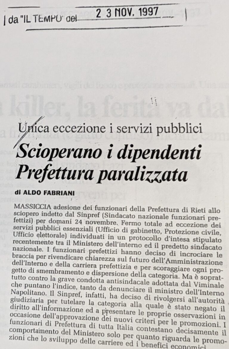 Scopri di più sull'articolo Scioperano i dipendenti Prefettura paralizzata (Il Tempo)