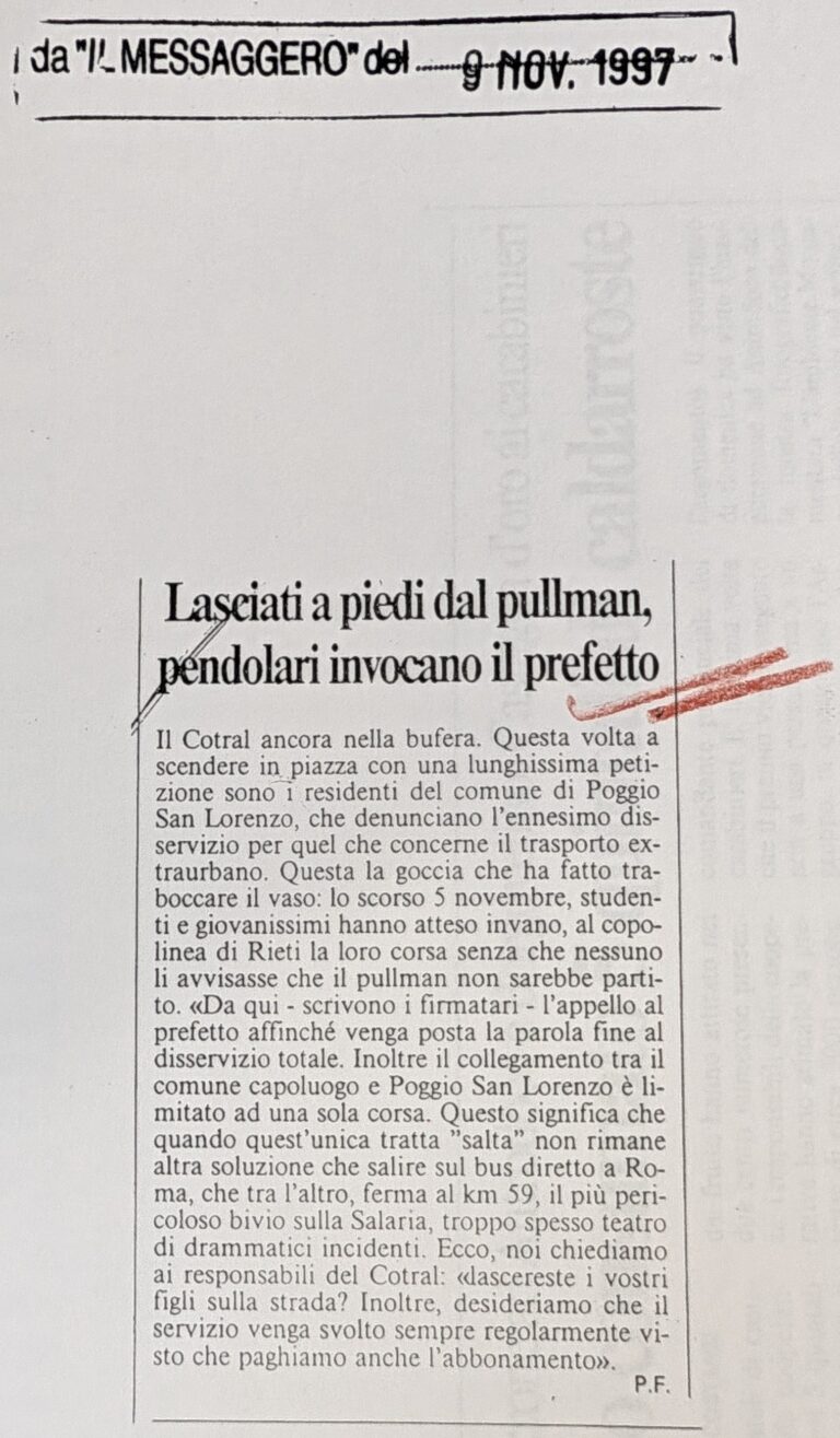 Scopri di più sull'articolo Lasciati a piedi dal pullman, pendolari invocano il prefetto (Il Messaggero)