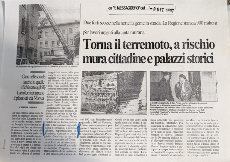 Scopri di più sull'articolo Torna il terremoto, a rischio mura cittadine e palazzi storici (Il Messaggero)