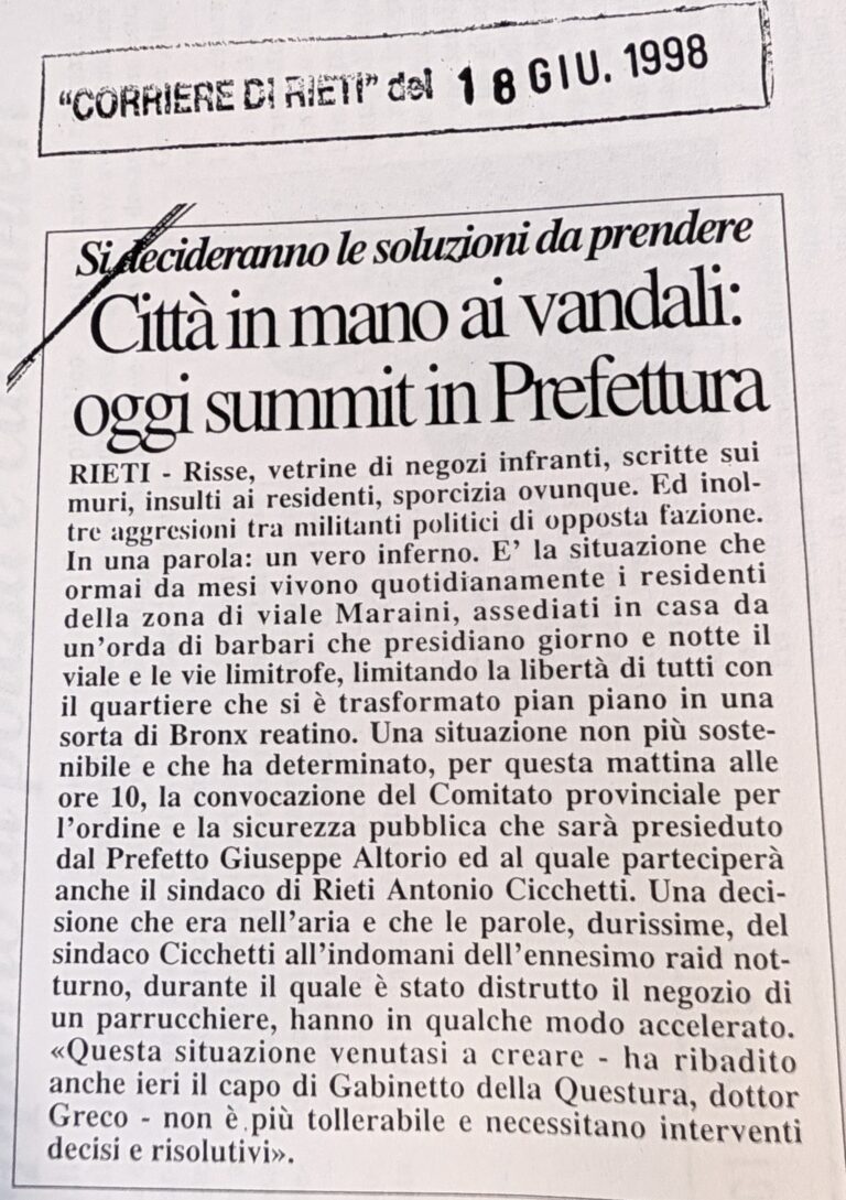 Scopri di più sull'articolo Città in mano ai vandali: oggi summit in Prefettura (Corriere di Rieti)