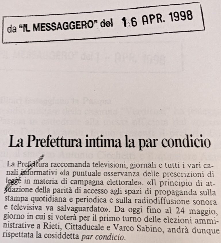 Scopri di più sull'articolo La Prefettura intima la par condicio (Il Messaggero)