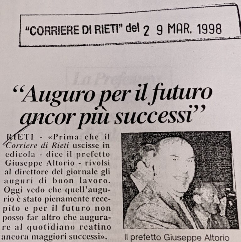 Scopri di più sull'articolo “Auguro per il futuro ancor più successi” (Corriere di Rieti)