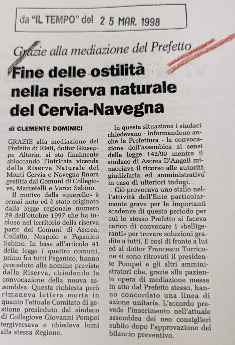 Scopri di più sull'articolo Fine delle ostilità nella riserva naturale del Cervia-Navegna (Il Tempo)