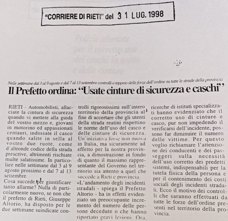 Scopri di più sull'articolo Il Prefetto ordina: “Usate cinture di sicurezza e caschi” (Corriere di Rieti)