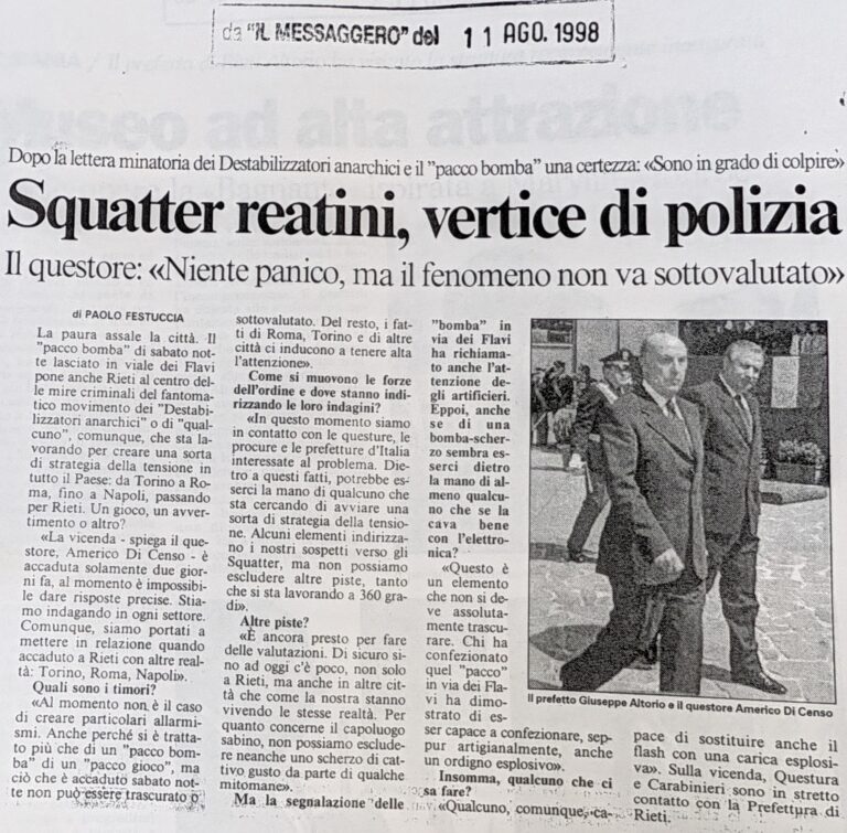 Scopri di più sull'articolo Squatter reatini, vertice di polizia (Il Messaggero)