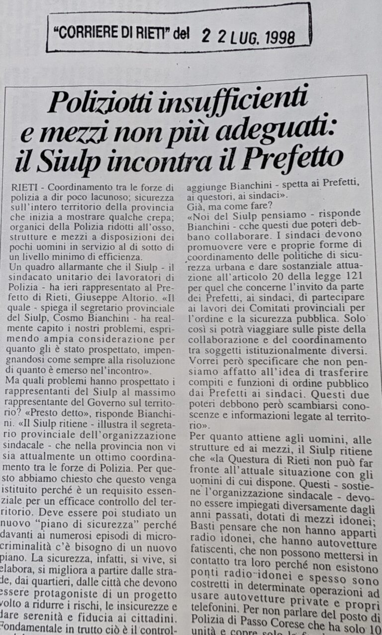 Scopri di più sull'articolo Poliziotti insufficienti e mezzi non più adeguati: il Siulp incontra il Prefetto (Corriere di Rieti)