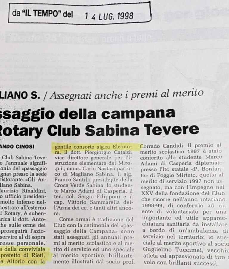 Scopri di più sull'articolo Passaggio della campana al Rotary Club Sabina Tevere (Il Tempo)