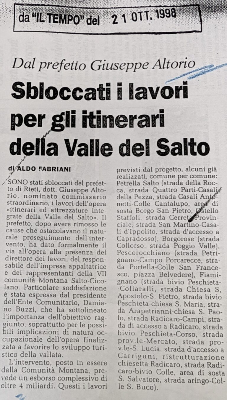 Scopri di più sull'articolo Sbloccati i lavori per gli itinerari della Valle del Salto (Il Tempo)