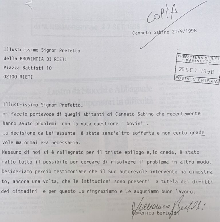 Scopri di più sull'articolo Illustrissimo Signor Prefetto della PROVINCIA DI RIETI (Il Messaggero)