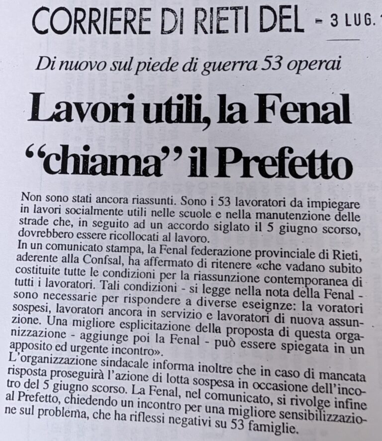 Scopri di più sull'articolo Lavori utili, la Fenal “chiama” il Prefetto (Corriere di Rieti)