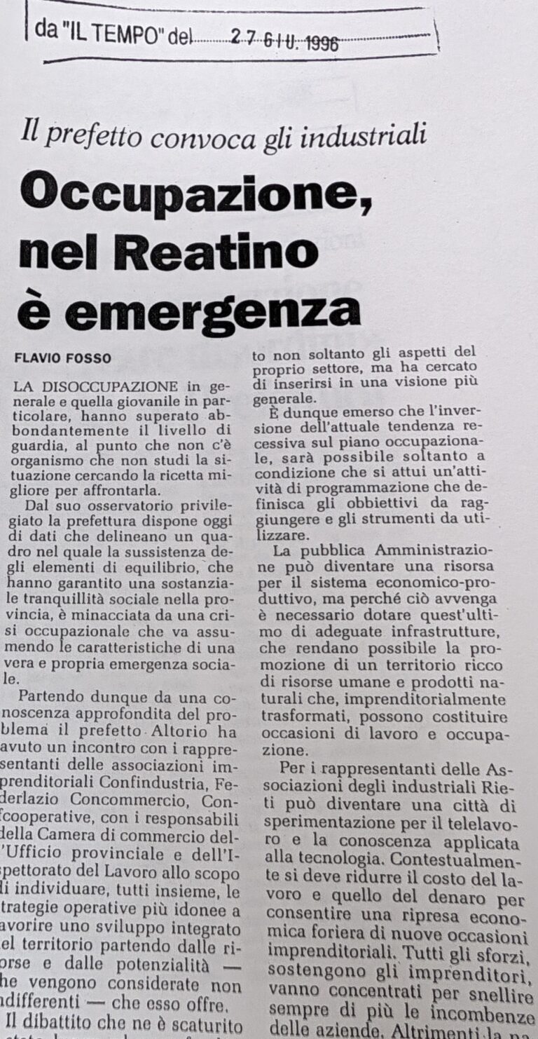 Scopri di più sull'articolo Occupazione, nel Reatino è emergenza (Il Tempo)