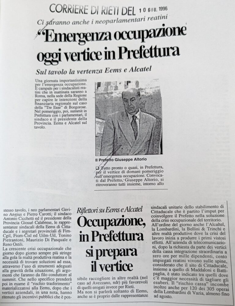 Scopri di più sull'articolo “Emergenza occupazione oggi vertice in Prefettura” (Corriere di Rieti)
